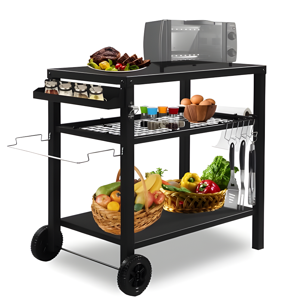 Outvita Outdoor Grill Cart, Movable Food Prep and Work Cart Table, Pizza Oven Stand Table with Wheels, Indoor & Outdoor Multifunctiona BBQ Cart with Mesh Racks for Home Party Camping