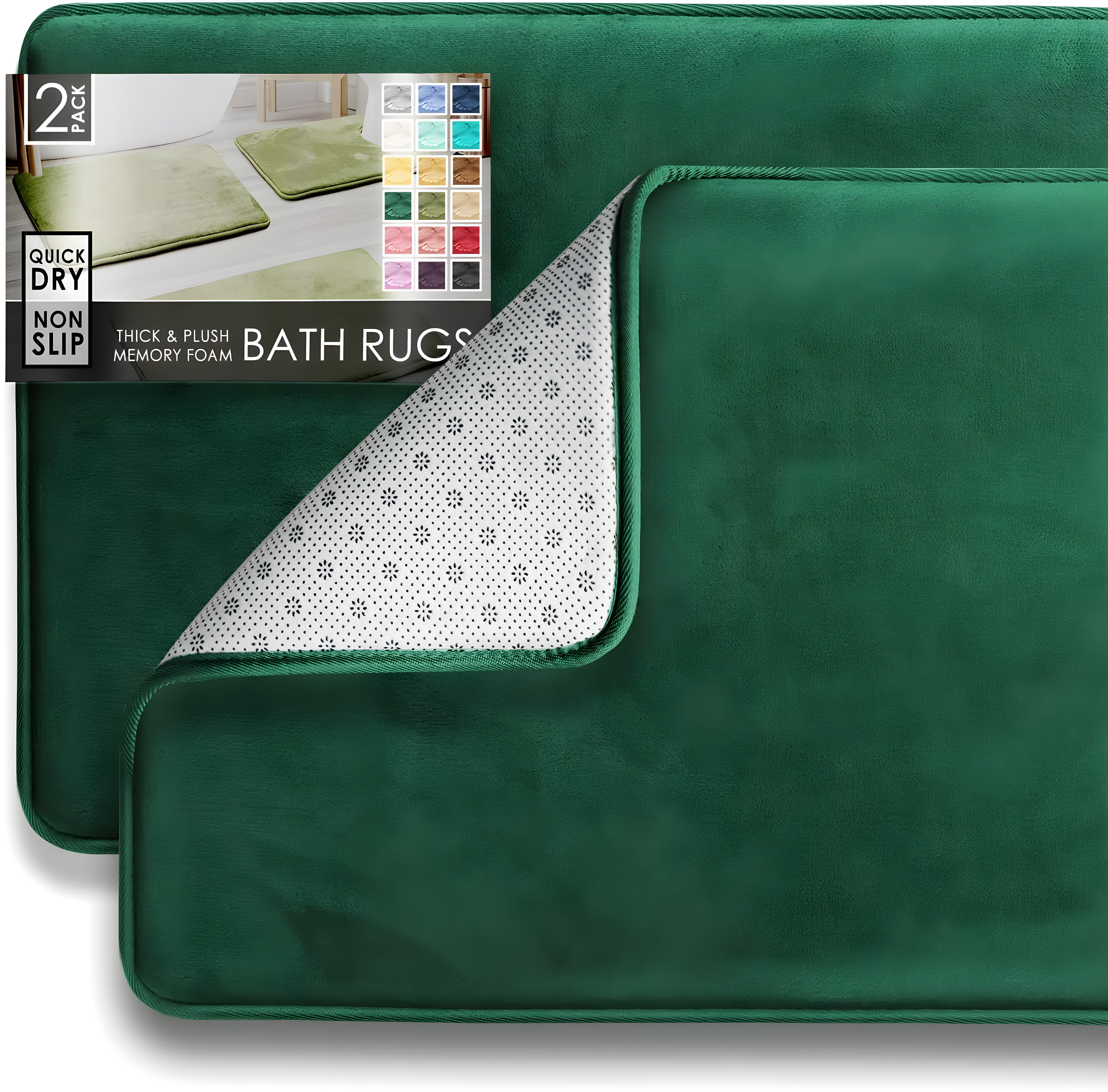 Clara Clark  Ultra Soft Plush Bathroom Rug - Non-Slip, Velvet, Memory Foam Bath Mat - Set of 2 Hunter Green Set of 2 (17x24)