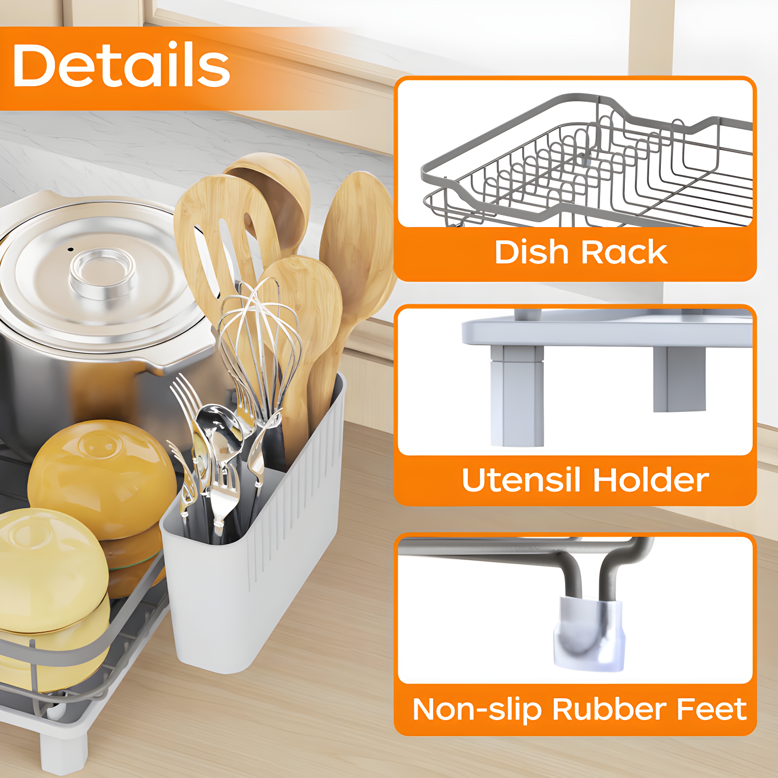 COAHAHA Space-Saving Gray Stainless Steel Dish Drying Rack - Sturdy, Portable, Easy Drainage
