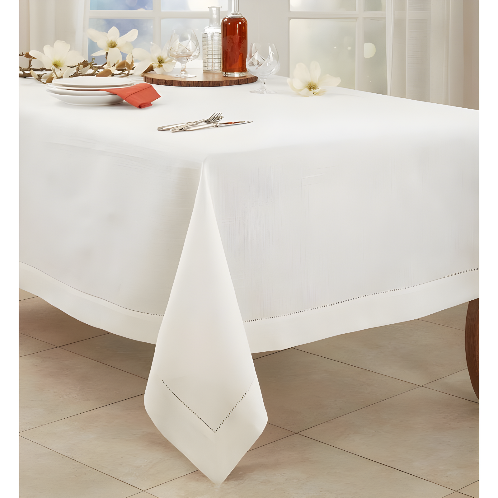 Saro Lifestyle Classic Hemstitch Border Tablecloth, Ivory, 70" x 104"