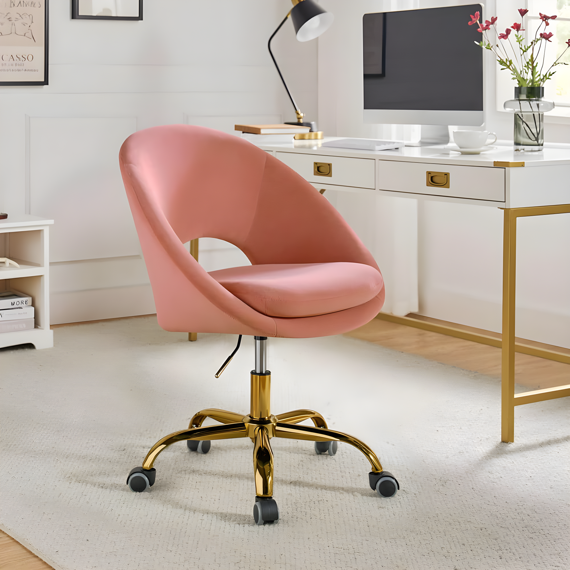 HULALA HOME Ramona Modern Velvet Height Adjustable 360 Swivel Task Chair with Metal Base by  Pink