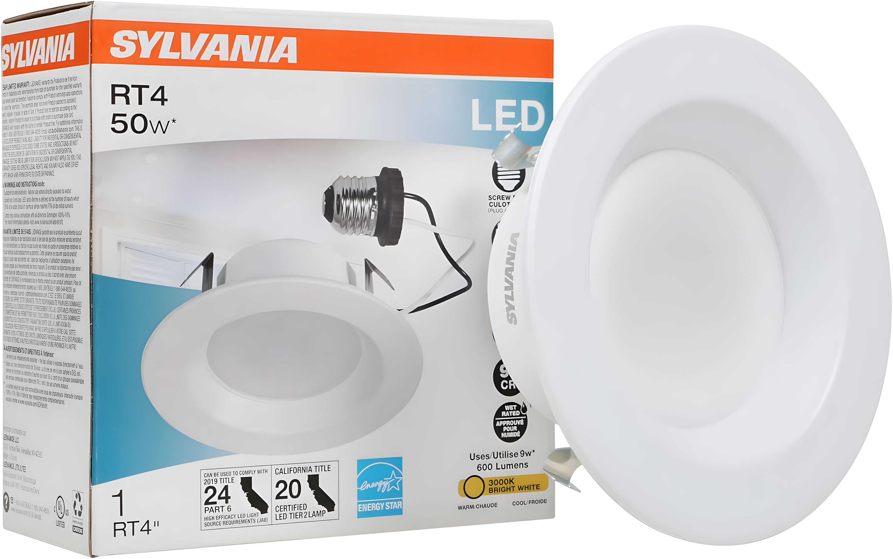 Sylvania LED/RT4/600/930/FL80 4"  LED Recessed Downlight Kit, 4", Medium Base, 3000K, 600 Lumens, Replaces R30.