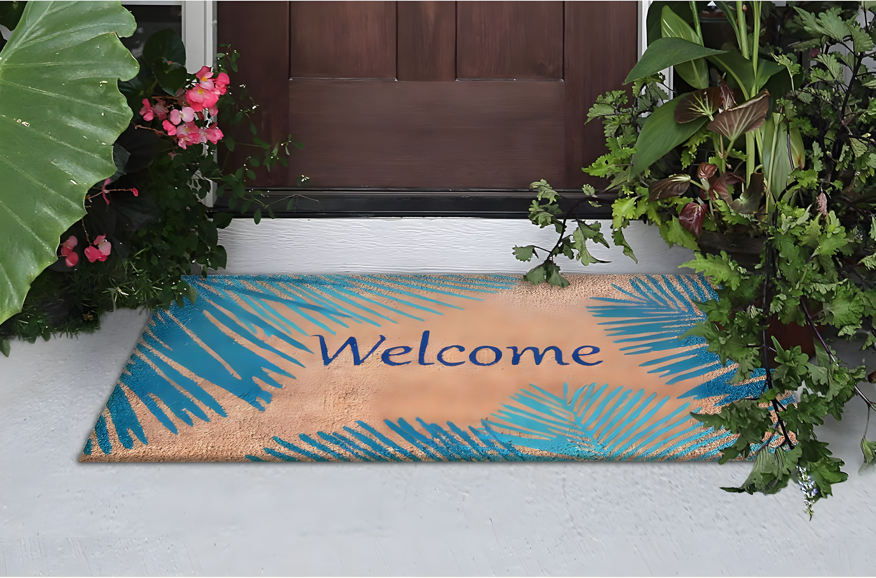 Blue Palm Border Coir Outdoor Welcome Mat