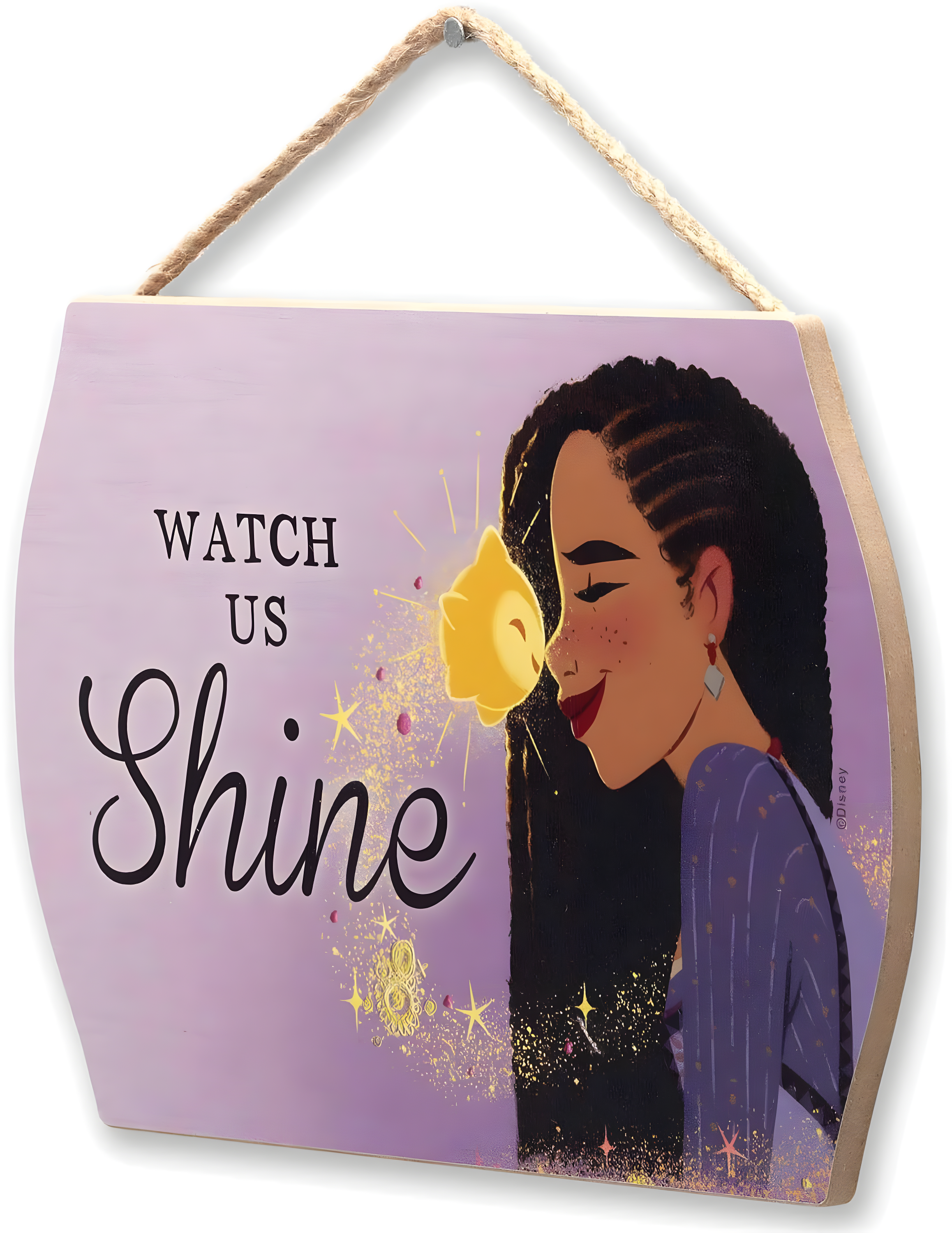 Disney Wish Watch Us Shine Asha and Star Hanging Wood Wall Decor - Adorable Wish Sign for Kids' Bedroom or Movie Room
