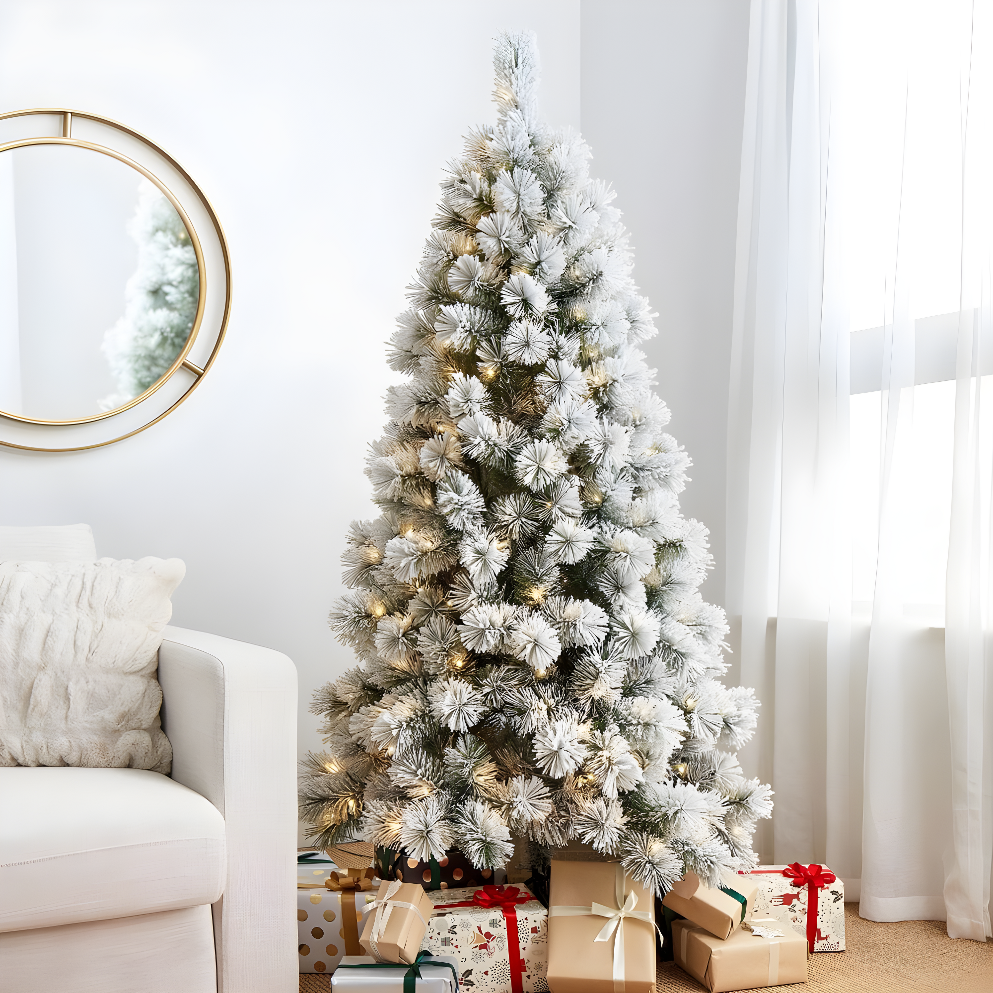 Glitzhome 6ft Pre-Lit Flocked Pencil Pine Artificial Christmas Tree with 300 Warm White Lights