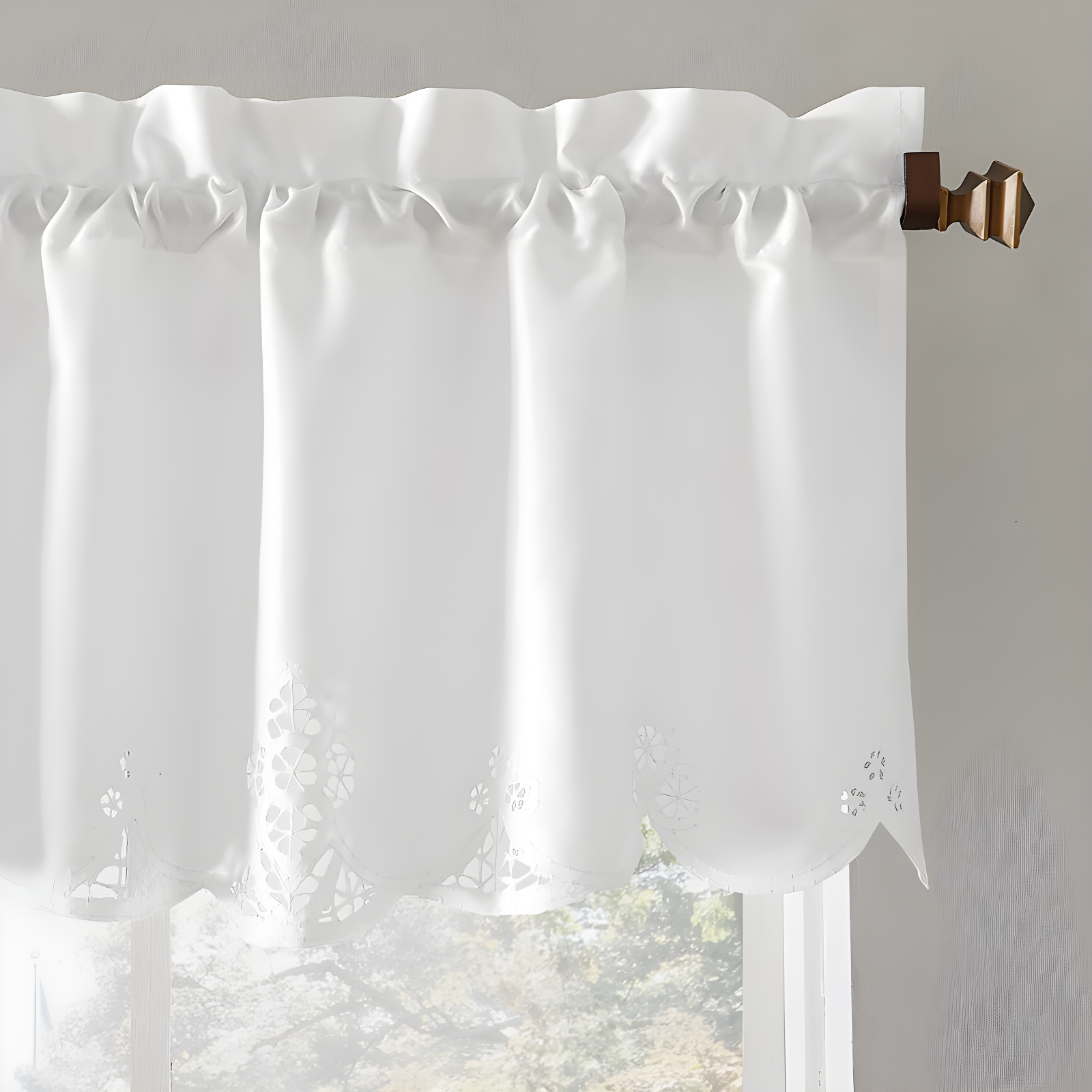 58"x14" Mariela Floral Trim Window Valance White - No. 918: Lace Rod Pocket Curtain, Botanical Pattern