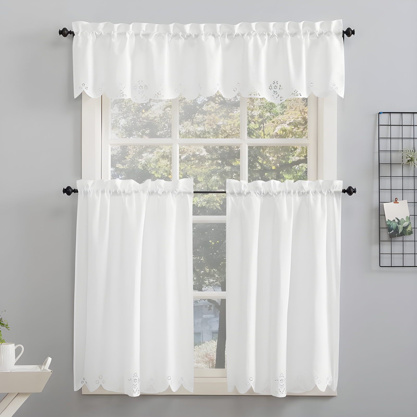 58"x14" Mariela Floral Trim Window Valance White - No. 918: Lace Rod Pocket Curtain, Botanical Pattern