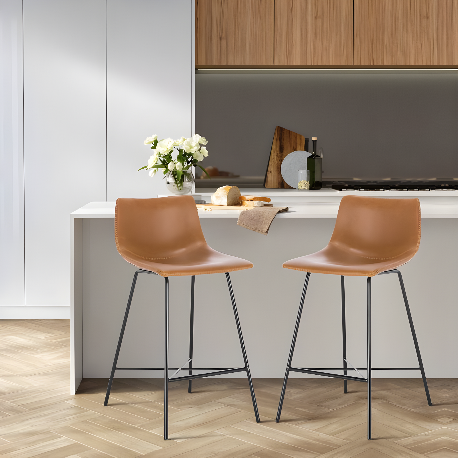 Poly & Bark Set of 2 24" High Paxton Counter Height Barstools Tan: Leatherette, Steel Base