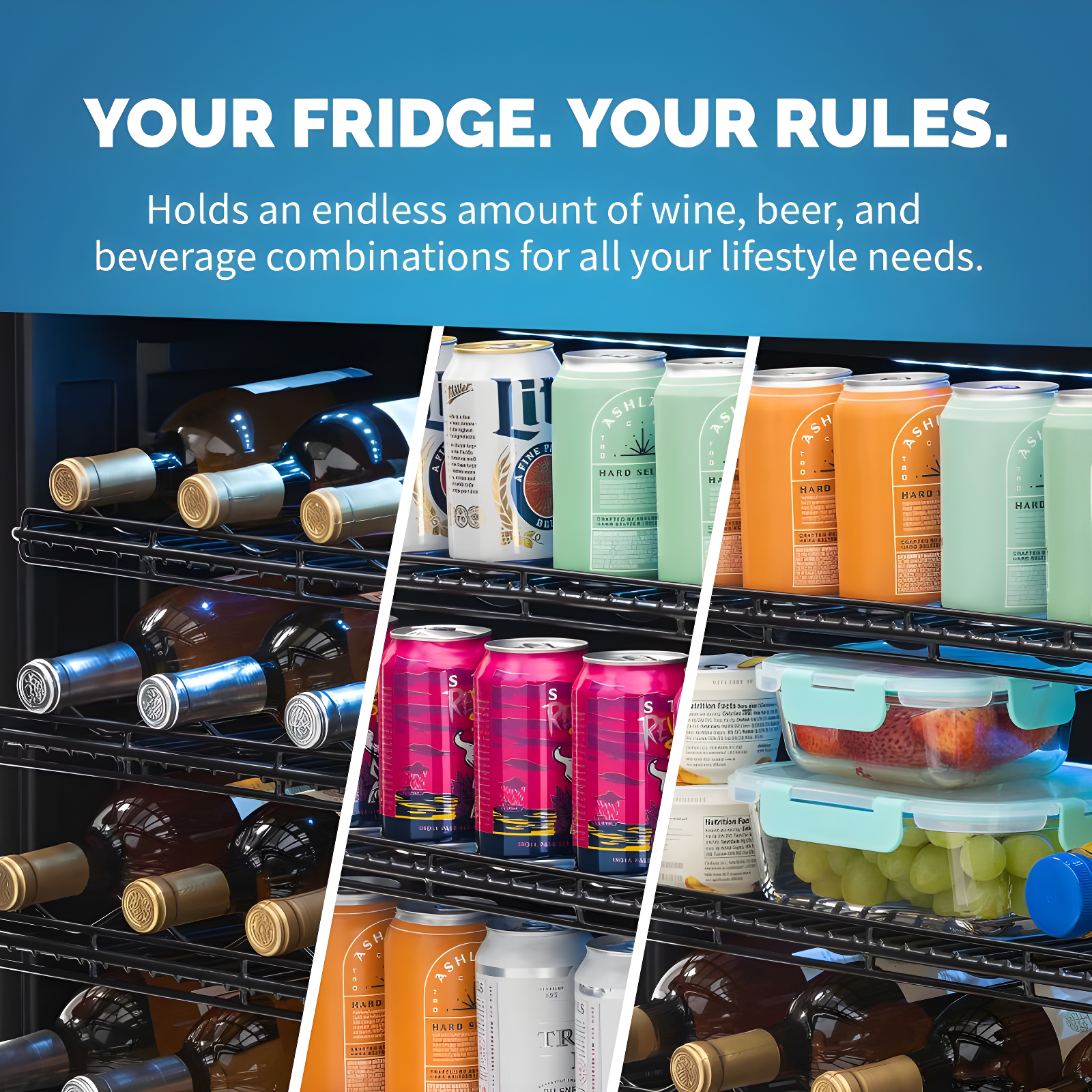 Newair FlipShelf 24" Wine and Beverage Refrigerator 179 Cans or 49 Bottles, Reversible Shelves, Built-in Fridge or Freestanding Drinks and Wine Cooler
