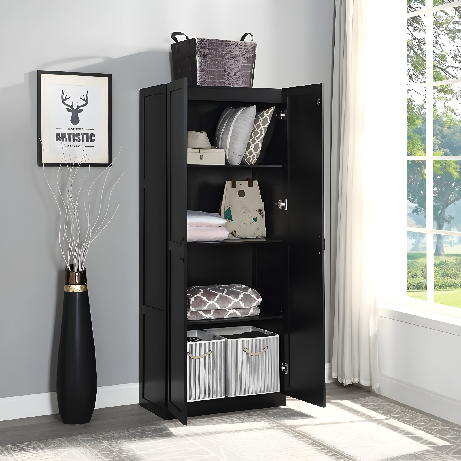 Hopkins Modern 4 Shelf Storage Closet Black - Manhattan Comfort: MDF, European Hinges, 71" High
