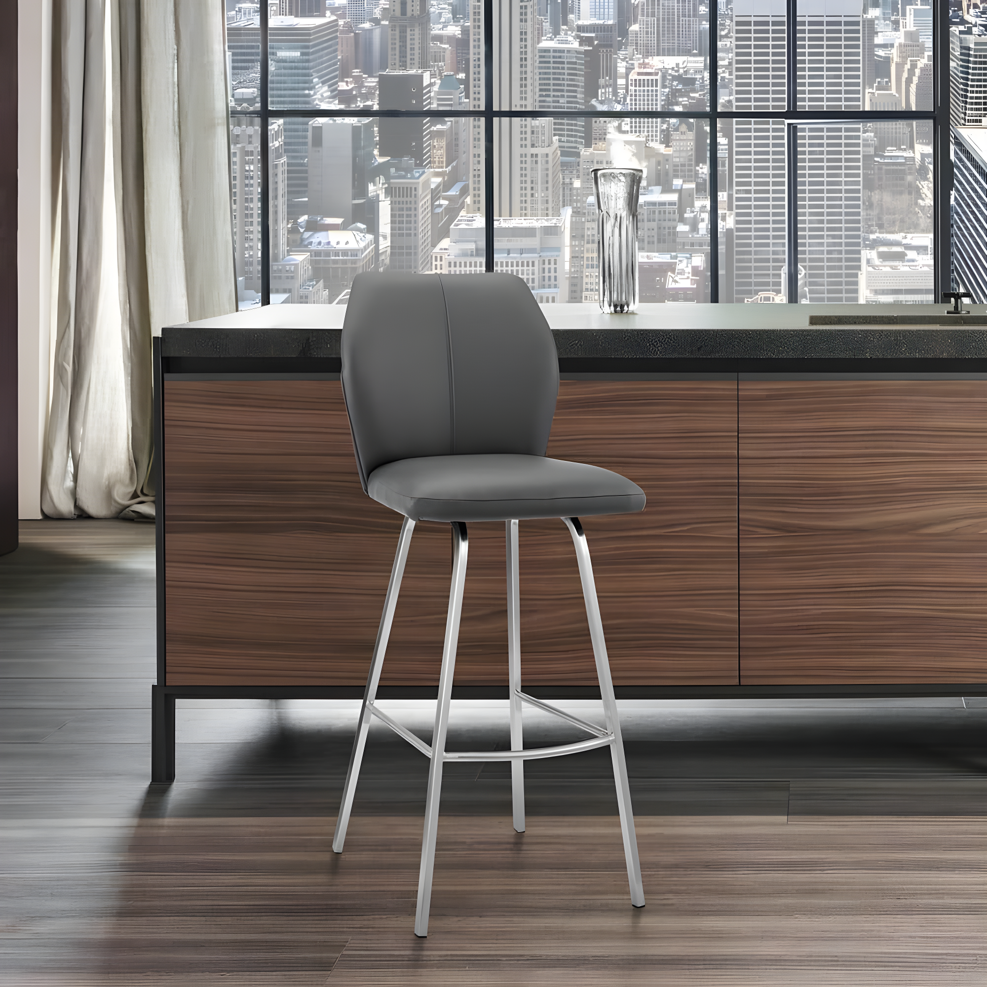 Armen Living Indoor Tandy Gray Faux Leather and Black Metal 26" Counter Stool