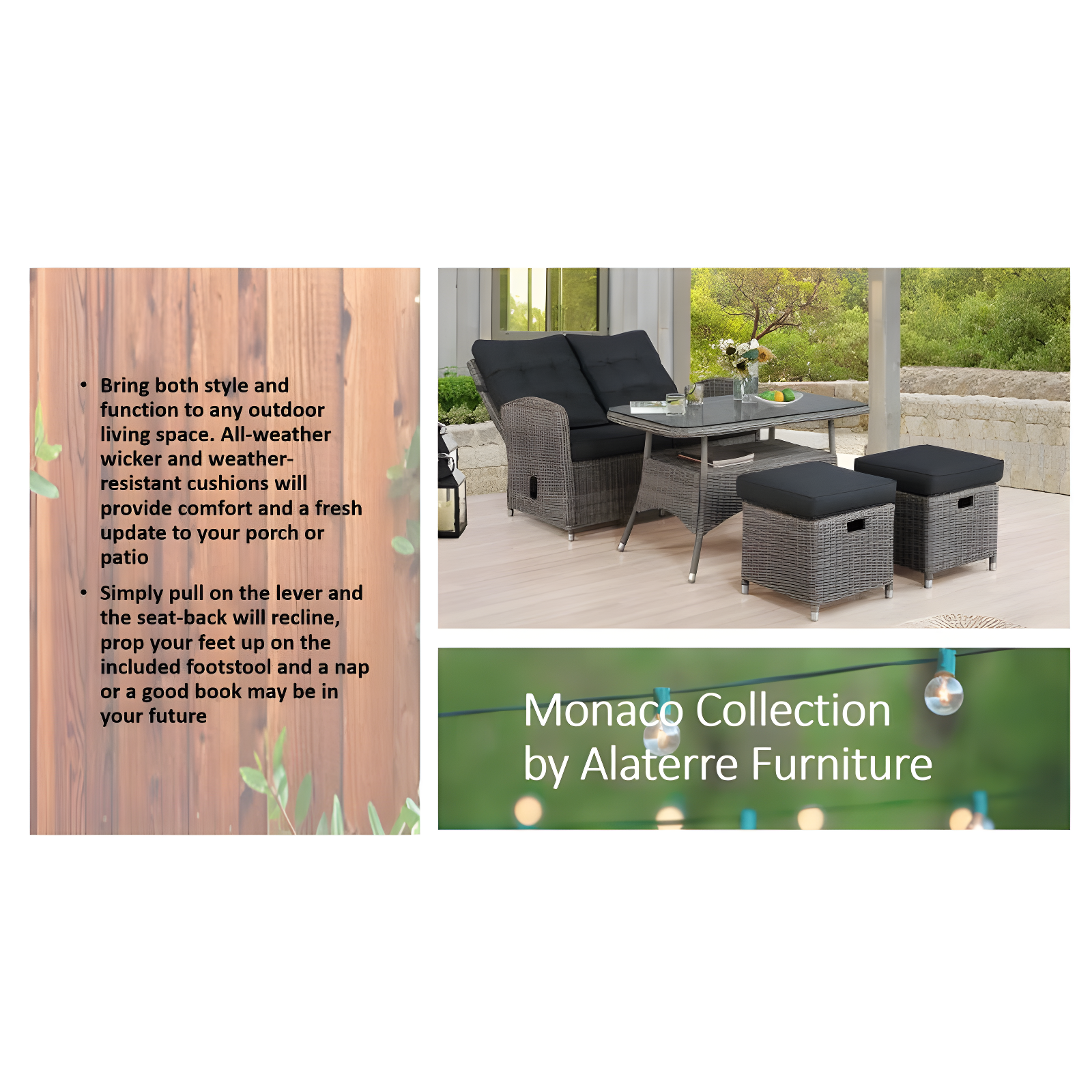 Monaco Outdoor 2 Seat Reclining Bench - Gray - Alaterre Furniture