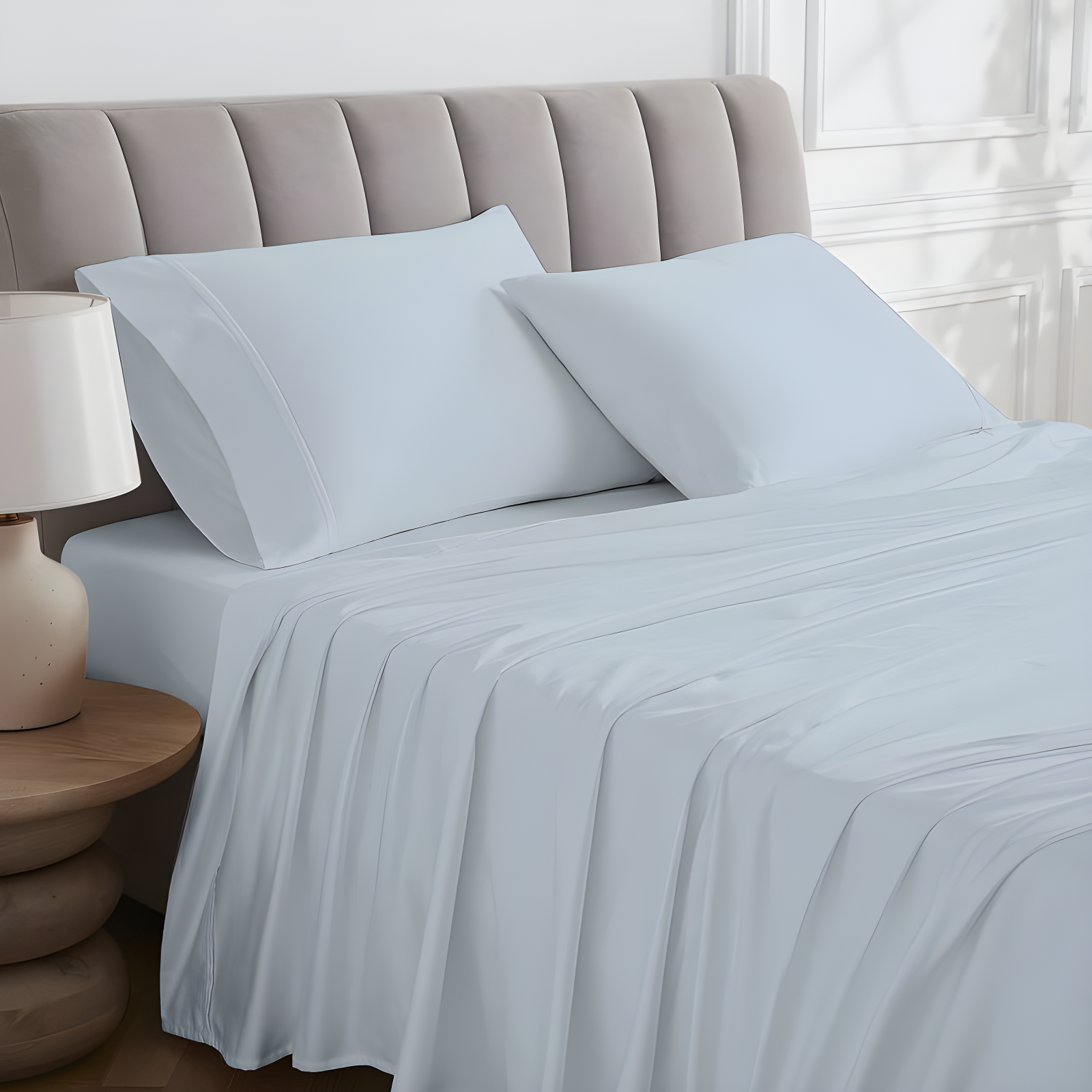 King 400 Thread Count Wrinkle Free Cotton Sheet Set Light Blue - Purity Home: Sateen Weave, OEKO-TEX Certified, Deep Pocket