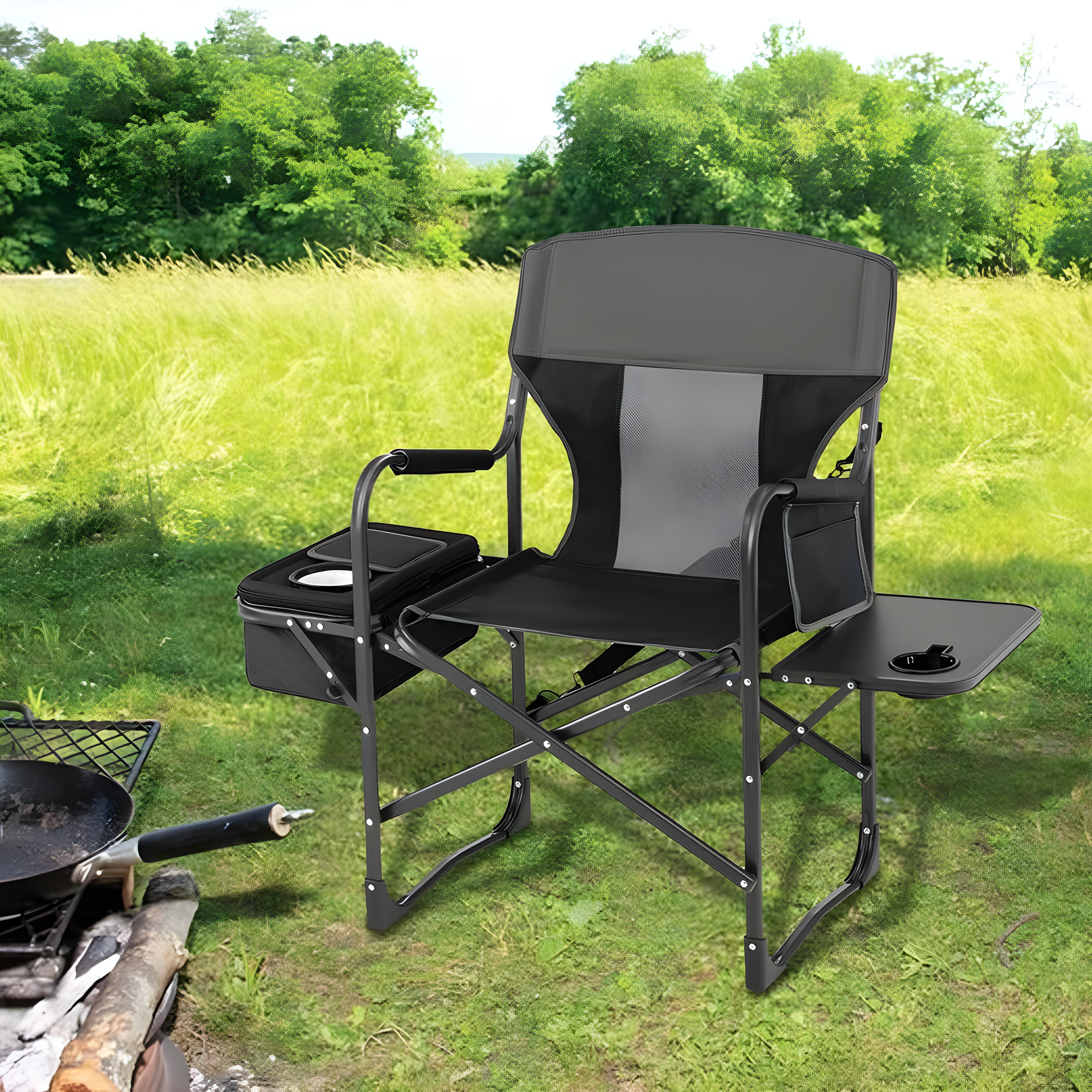 Topcobe Folding Camping Directors Chair with Cooler Bag and Side Table, Portable Chairs for Adults, Comfy Outdoor Chair, Black