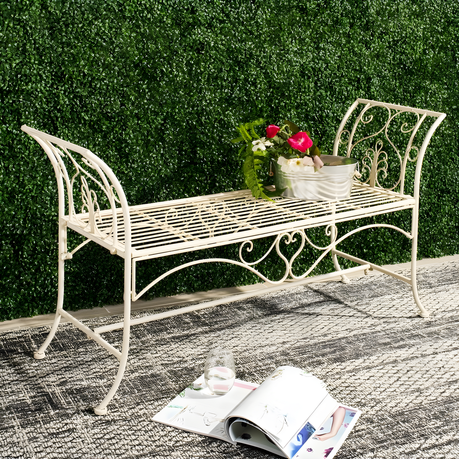 Adina Bench - Outdoor - PAT5016 - Distressed White - Safavieh