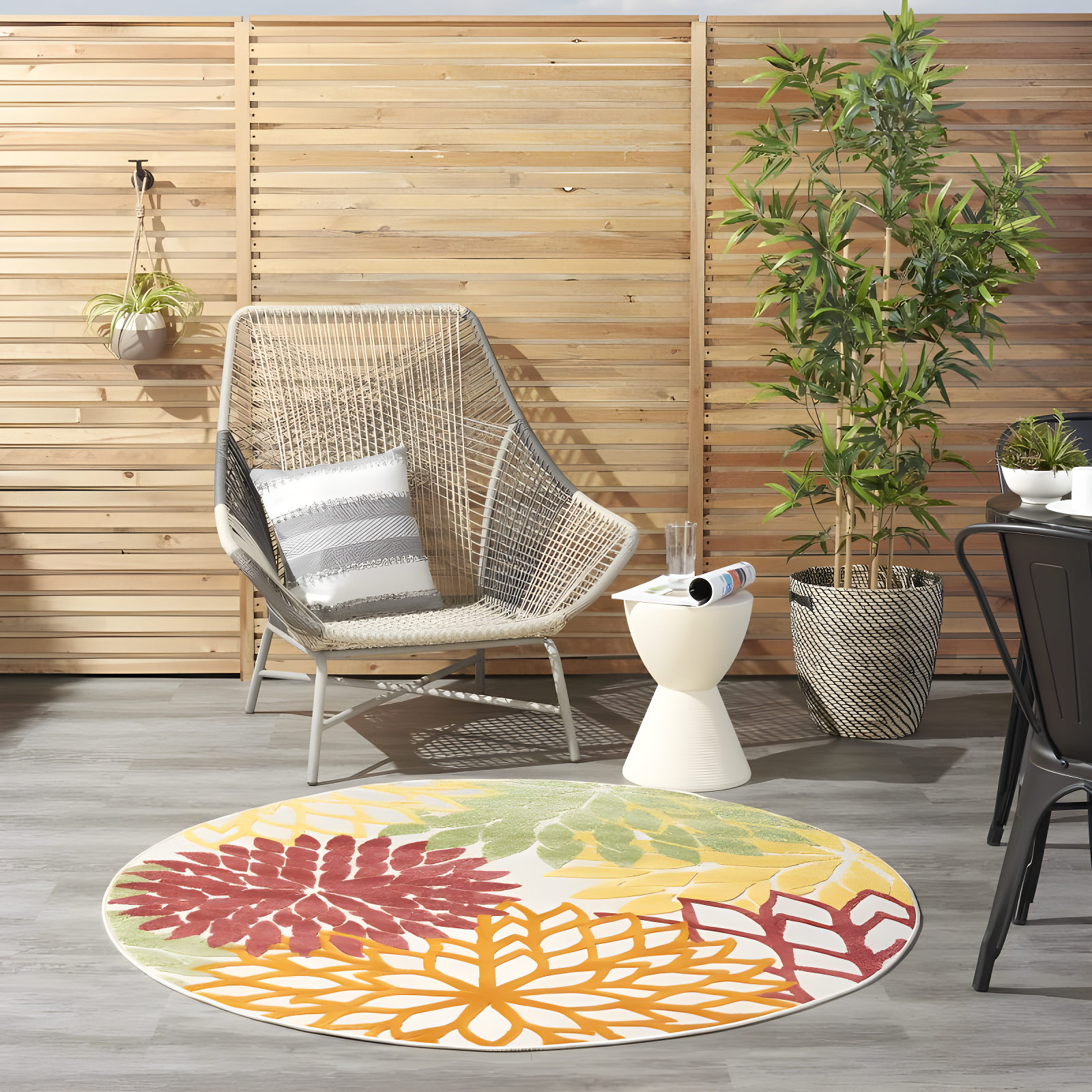 Nourison Aloha Floral Bloom Flatweave High-Low Indoor Outdoor Round Rug Red Multi Colored 5'3" x 5'3"