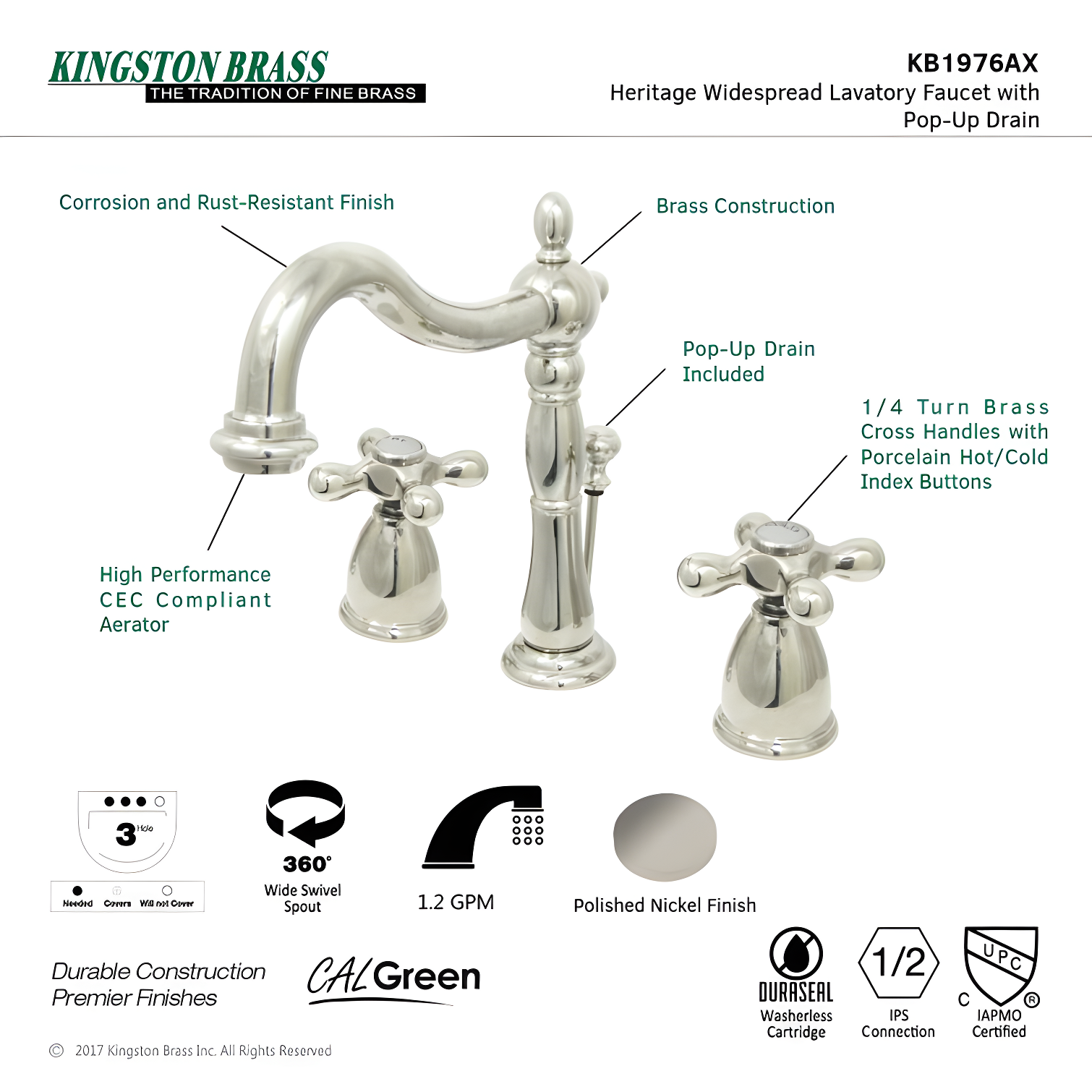 Kingston Brass Heritage Two-Handle 3-Hole Deck Mount Widespread Bathroom Faucet with Pop-Up Drain