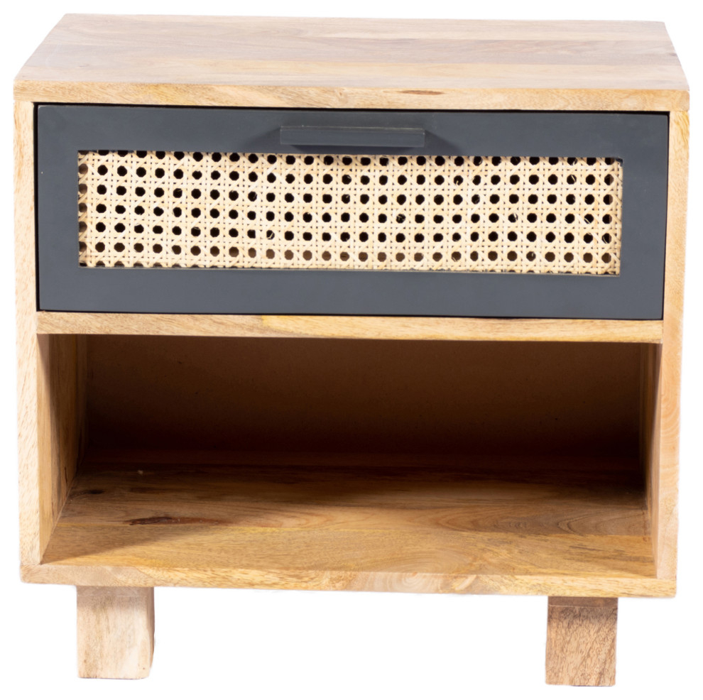 Scandinavian Inspired Mango Wood & Woven Cane Nightstand with Drawer