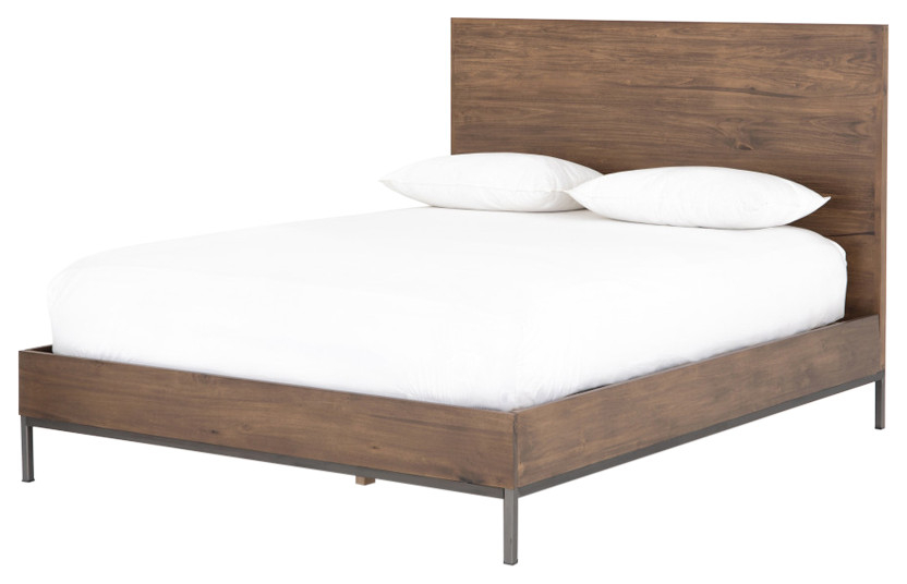 Contemporary Auburn Poplar Queen Platform Bed with Metal Frame