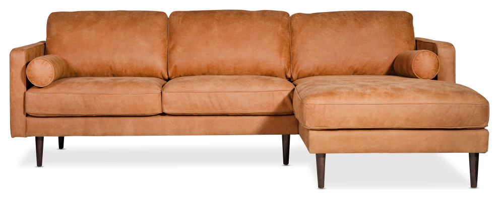 Gingersnap Brown Leather Tufted Sectional Sofa with Removable Cushions