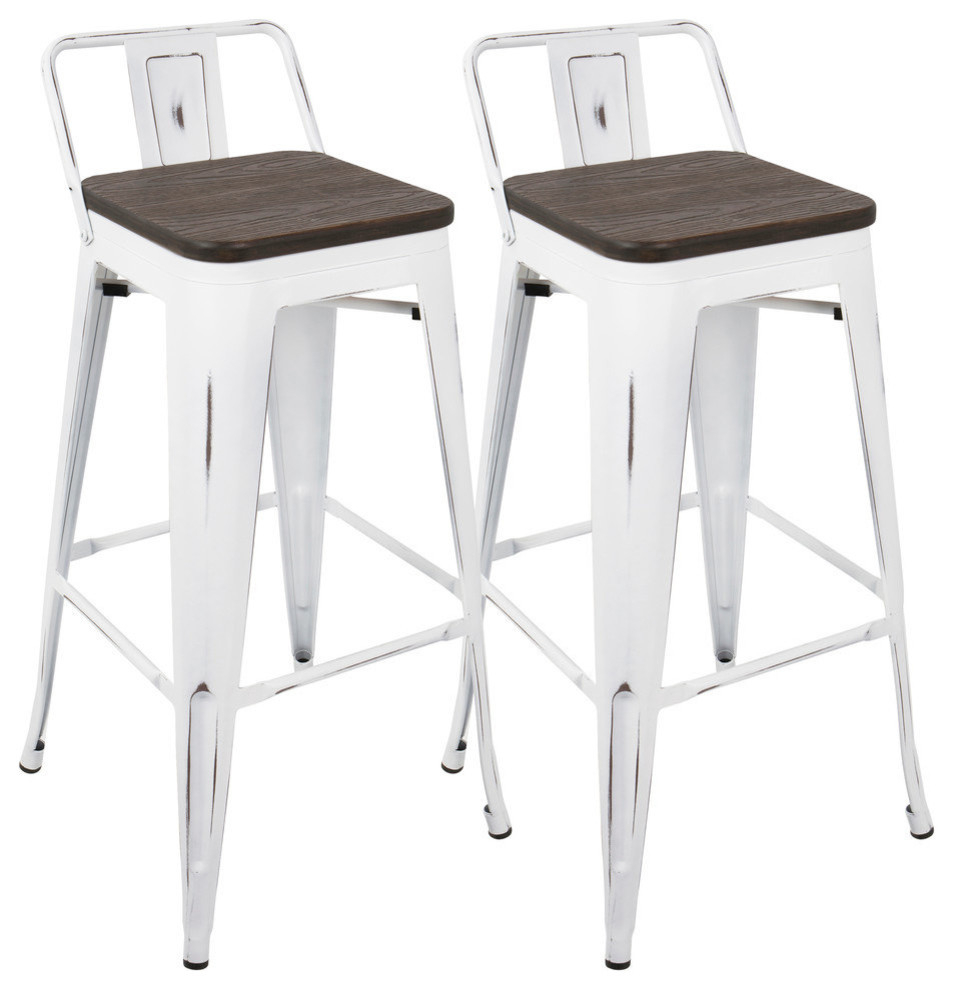 Vintage White Steel and Bamboo 35.7" Industrial Stool