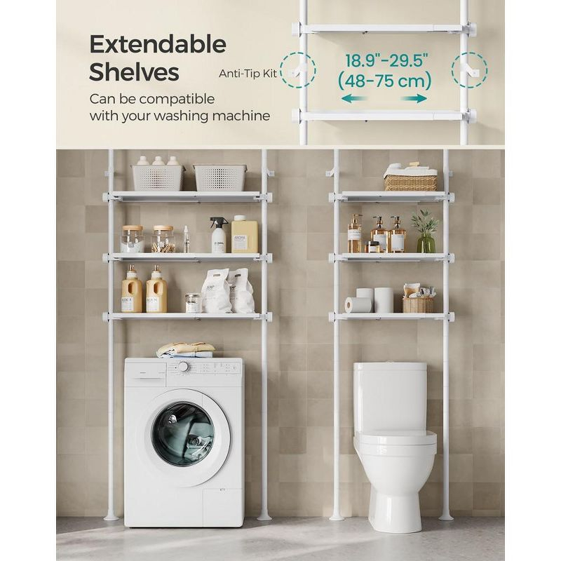 SONGMICS Bathroom Organizer 4-Tier, Over The Toilet Storage Shelf, 4 Height Adjustable and Extendable Shelves, 35.4 to 122.1 Inch Tall,Pearl White