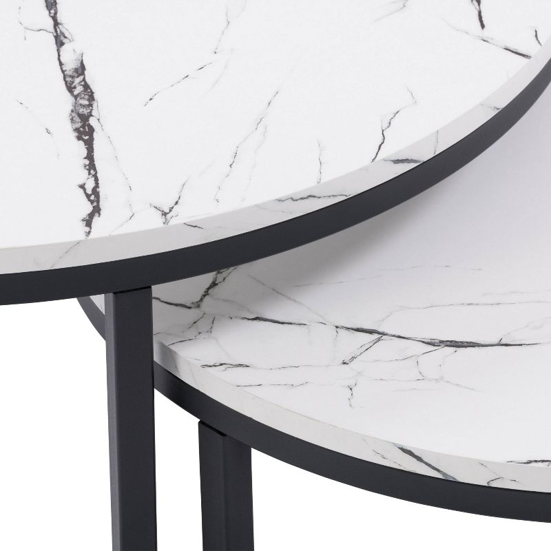 Set of 2 Marbled Finish Forth Worth Round Nesting Coffee Table White - CorLiving: Black Metal Legs, Accent Furniture