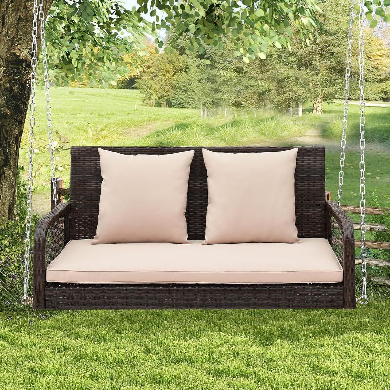 Tangkula Wicker Outdoor Porch Swing 800 LBS Capacity Outdoor Swing Bench w/ Hanging Chains Beige