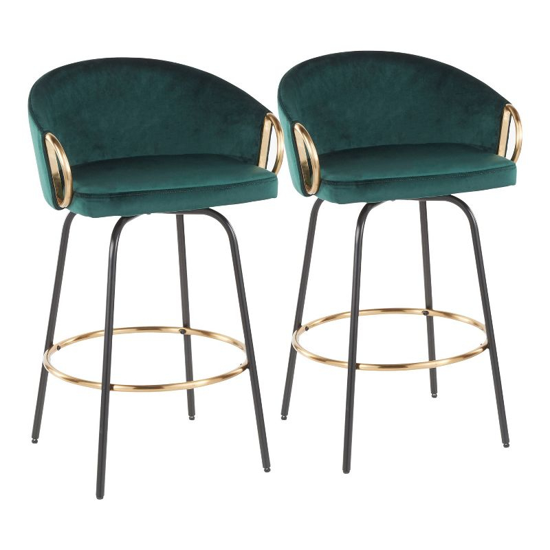 Set of 2 Claire Upholstered Counter Height Barstools: Swivel, Velvet, Gold Accents - Lumisource