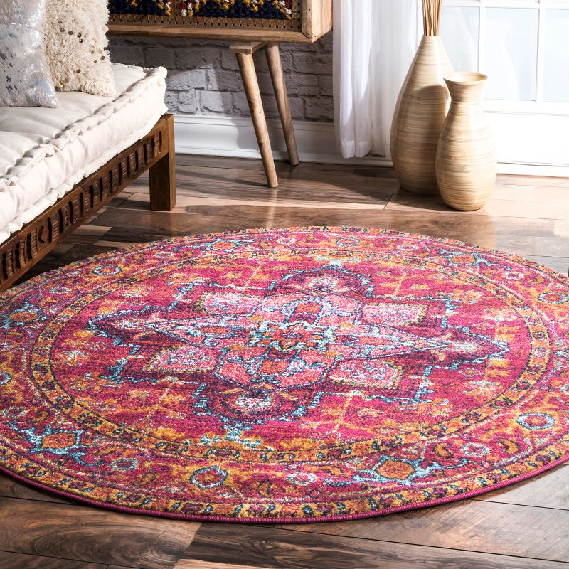 Vonda Pink and Orange Synthetic Round Area Rug, 5' Diameter