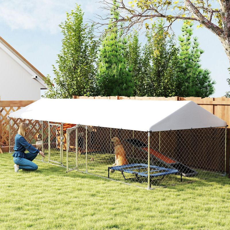 Pawhut Two Room Outdoor Dog Kennel with Roof, 19.7' x 7.5' x 5.2' Dog Kennel Outside Heavy Duty Pet Enclosure Run Fence with Waterproof UV-Resistant Cover, Secure Lock, for Small to Large Breeds