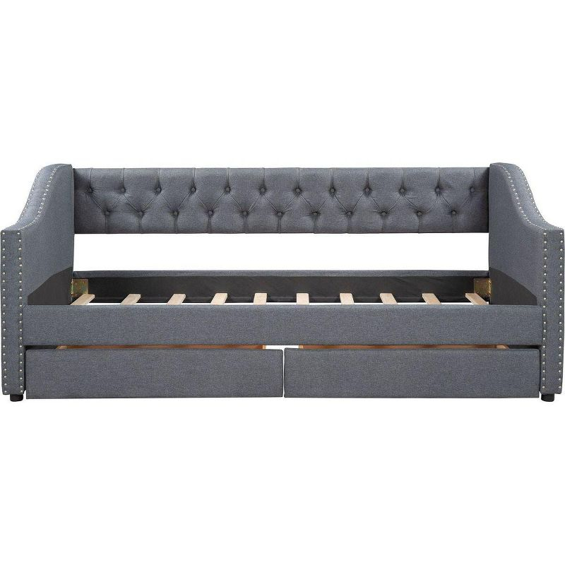 Streamdale Upholstered Twin Size daybed with Two Drawers, Wood Slat Support, Gray