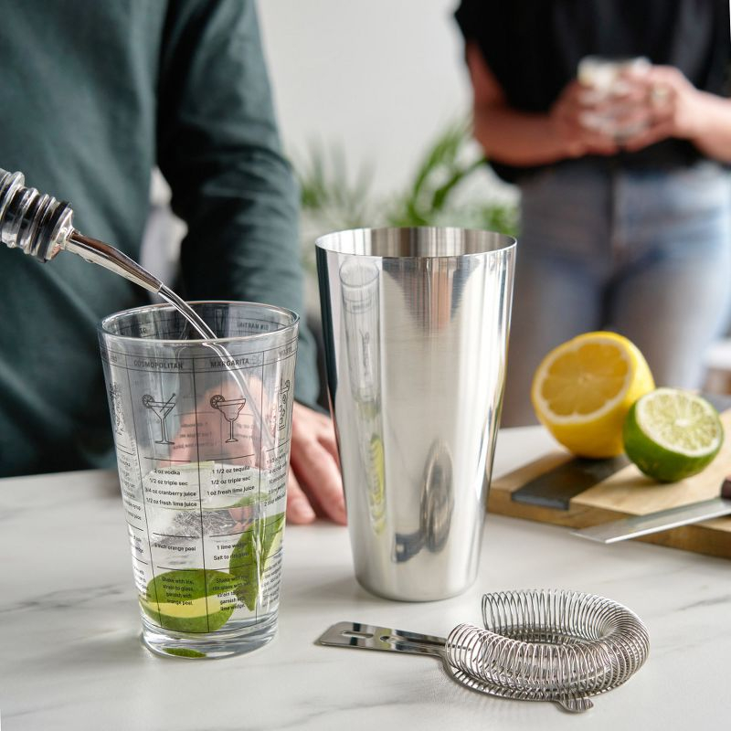 True 3-Piece Barware Set with 7 Cocktail Recipes and Measurements Printed on Mixing Glass, Glass and Stainless Steel, Multicolor