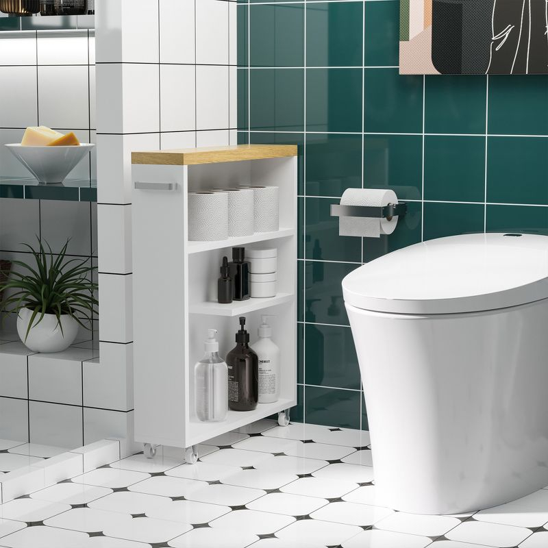kleankin Slim Bathroom Cabinet with Castor Wheels Storage Organizer and Wood Shelves To Fit In Small Spaces, White