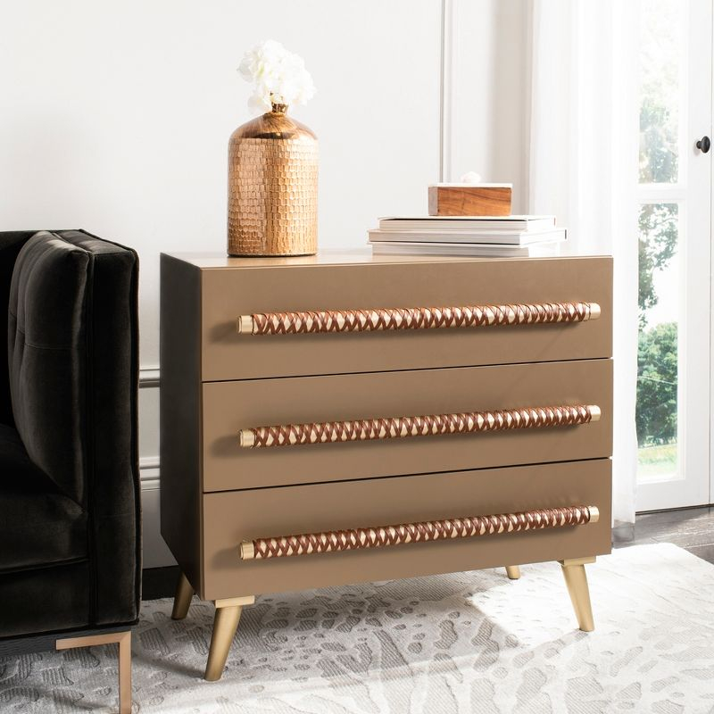 Raquel 3 Drawer Chest - Taupe/Gold/Brown Faux Leather - Safavieh.