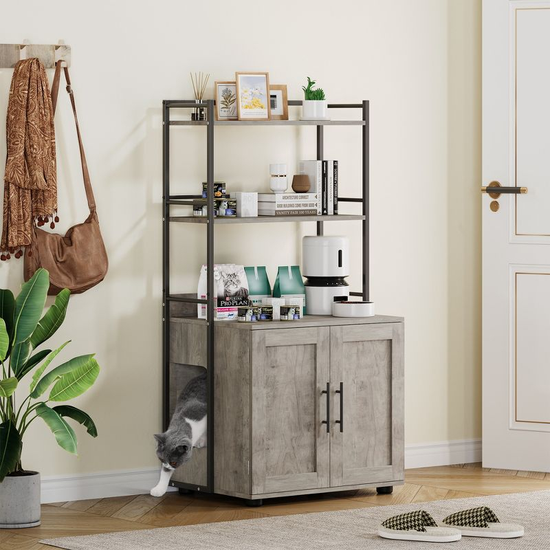 Garvee Cat Litter Box Enclosure with Shelf Storage, 2-in-1 Hidden Cat Washroom Furniture, Hidden Cat Box Enclosure with 3 Shelves and Door, Grey