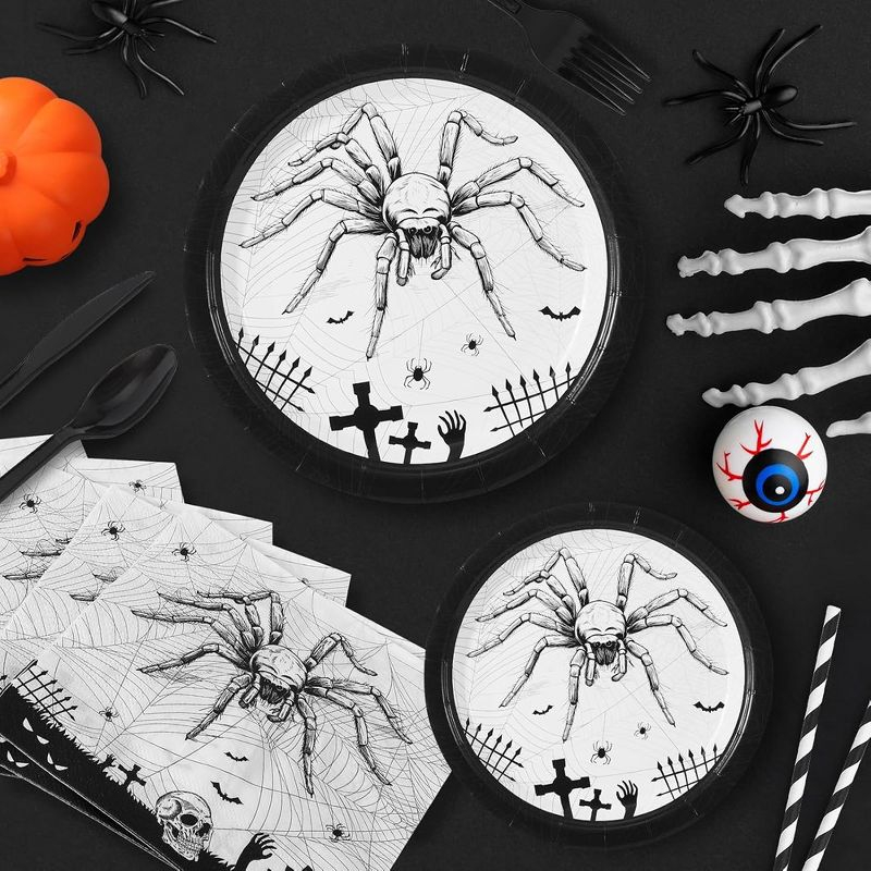 WhizMax 215 Pcs Halloween Plates and Napkins Set Serve 25, Spider Skeleton Disposable Tableware Set  - Plates, Cups, Napkins, Halloween Tableware