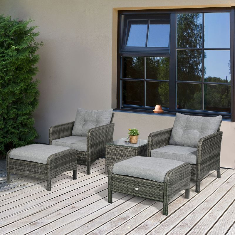 Outsunny 5 Pieces Rattan Wicker Lounge Chair Outdoor Patio Conversation Set with 2 Cushioned Chairs, 2 Ottomans & Glass Coffee Table, Gray