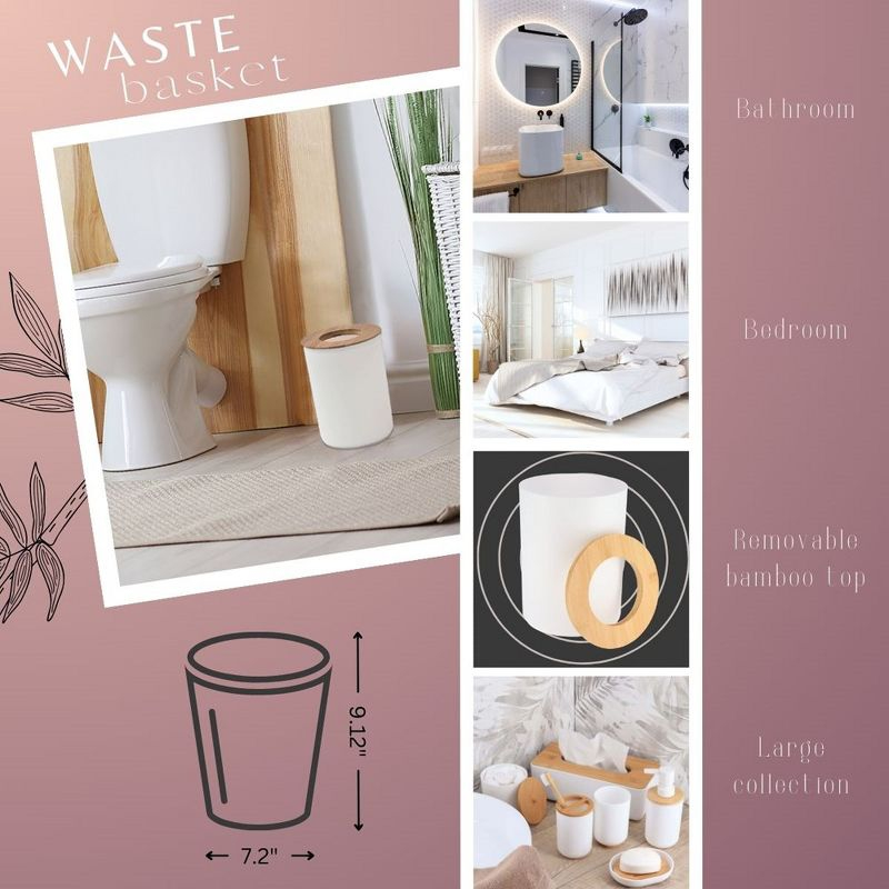 Evideco French Home Goods White Bathroom Trash Can Padang Bamboo Top 1.3 Gal - Stylish and Sustainable 5L Waste Solution