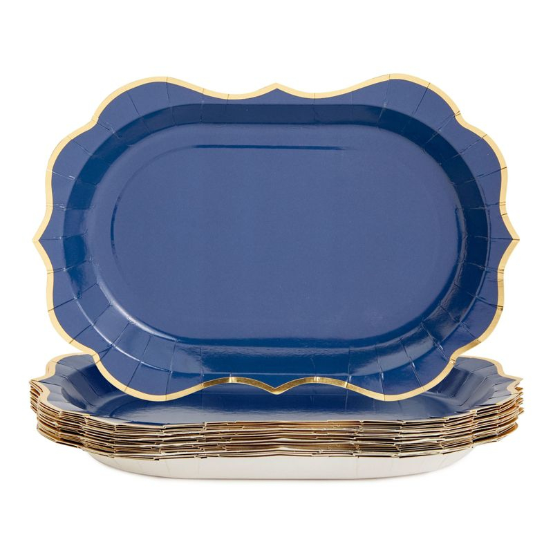 Sparkle and Bash 24 Pack Metallic Blue Paper Serving Trays with Gold Foil Edge, 13 x 9 in