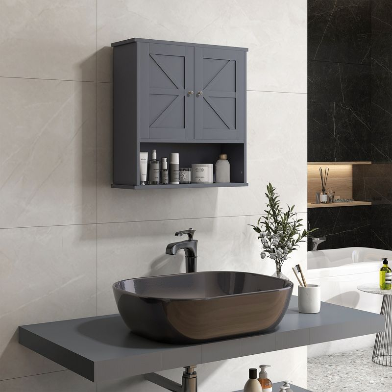 kleankin Bathroom Wall Cabinet, Farmhouse Medicine Cabinet with Open Shelf & Adjustable Shelf, Storage Cupboard for Laundry Room, Gray