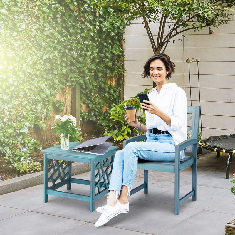 Four Seasons Courtyard 22 Inch Seat Distressed Hardwood Portland Patio Arm Chair with Brush Wire Finish and 250 Pound Maximum Capacity, Blue
