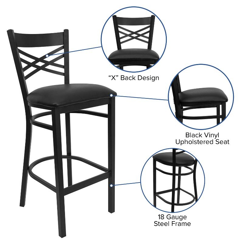 Flash Furniture HERCULES Series Black ''X'' Back Metal Restaurant Barstool - Black Vinyl Seat