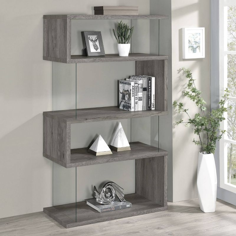Coaster 63" Emelle 4 Shelf Zig Zag Bookcase with Glass Panels Gray Driftwood: Modern Style, Laminated Melamine Veneer, Metal Hardware