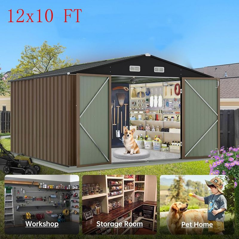 12x10 FT Outdoor Metal Storage Shed Garden Tool House With Lockable Doors and Vent Brown