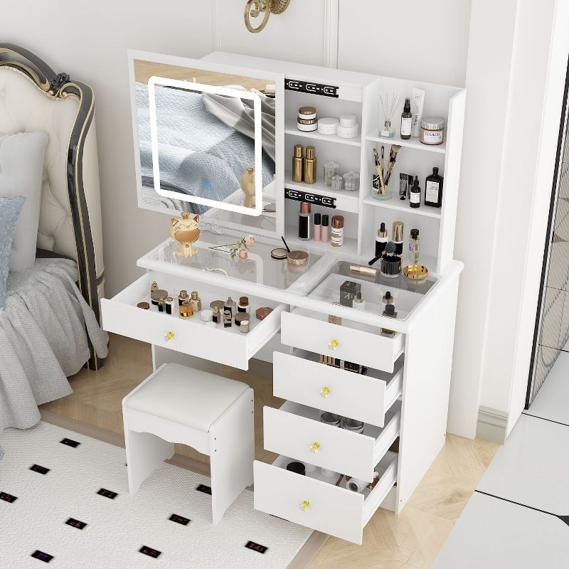 FUFU&GAGA White Makeup Vanity Table With Mirror Storage Drawer Dresser Table
