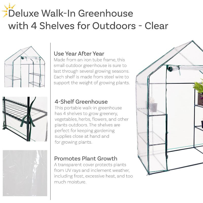 Sunnydaze Outdoor Portable Tiered Growing Rack Deluxe Walk-In Greenhouse with Roll-Up Door - 4 Shelves - Clear - 54" x 28" x 77"