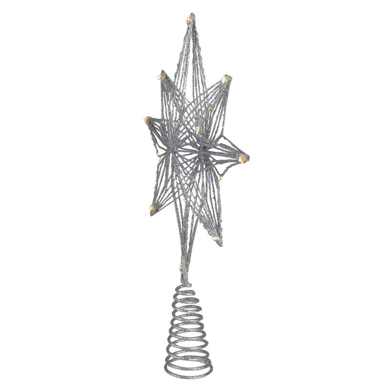 Northlight Seasonal 13.75" LED Lighted B/O Silver Glittered Geometric Star Christmas Tree Topper - Warm White Lights