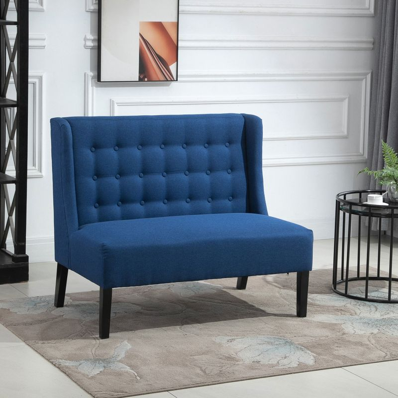 HOMCOM Wingback Double Sofa Linen Fabric Upholstery Button Tufted Loveseat Armless Couch Modern Contemporary Living Room Settee with Wood Legs, Blue