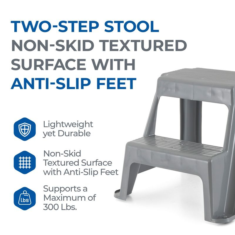 Gracious Living Plastic 2-Step Stool, Portable Step Stool for Home or Work, 16 Inches Tall, Gray